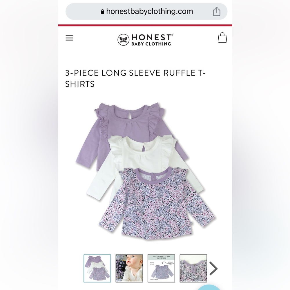 24M HONEST BABY GIRLS 100% ORGANIC 3-PIECE LONG SLEEVE RUFFLE T-SHIRTS PACK NWT